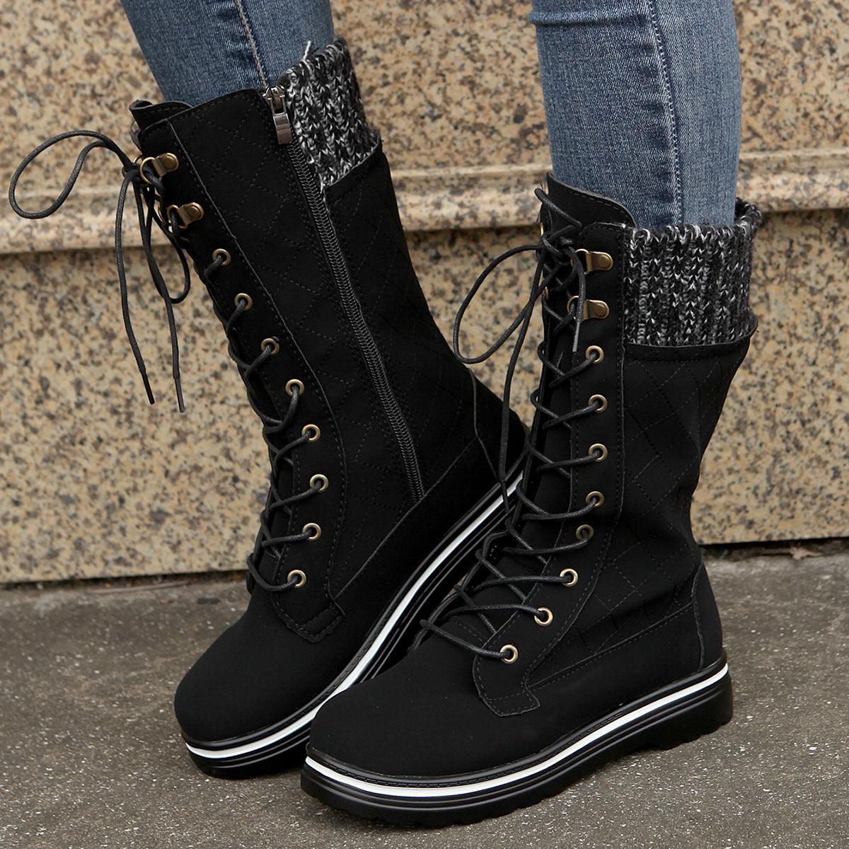 ARIANA - Mid Calf Lace-up Long Boots Women Flat Heels Round Toe Denim Cowboy Boots With Side Zipper Western Boots Fashion Autumn Winter Shoes - Glinyt