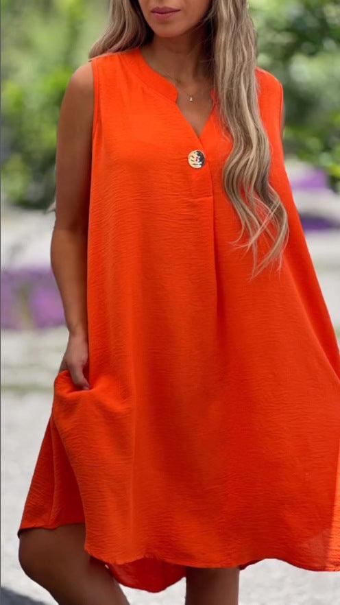 Casual V-neck Sleeveless Dress with Button Decoration - Glinyt