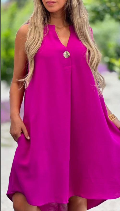 Casual V-neck Sleeveless Dress with Button Decoration - Glinyt