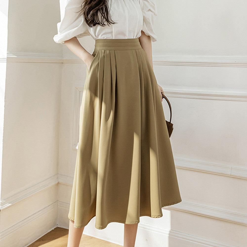 Chic High-Waist Midi A-Line Skirt in Khaki and Black – Sleek and Versatile - Glinyt