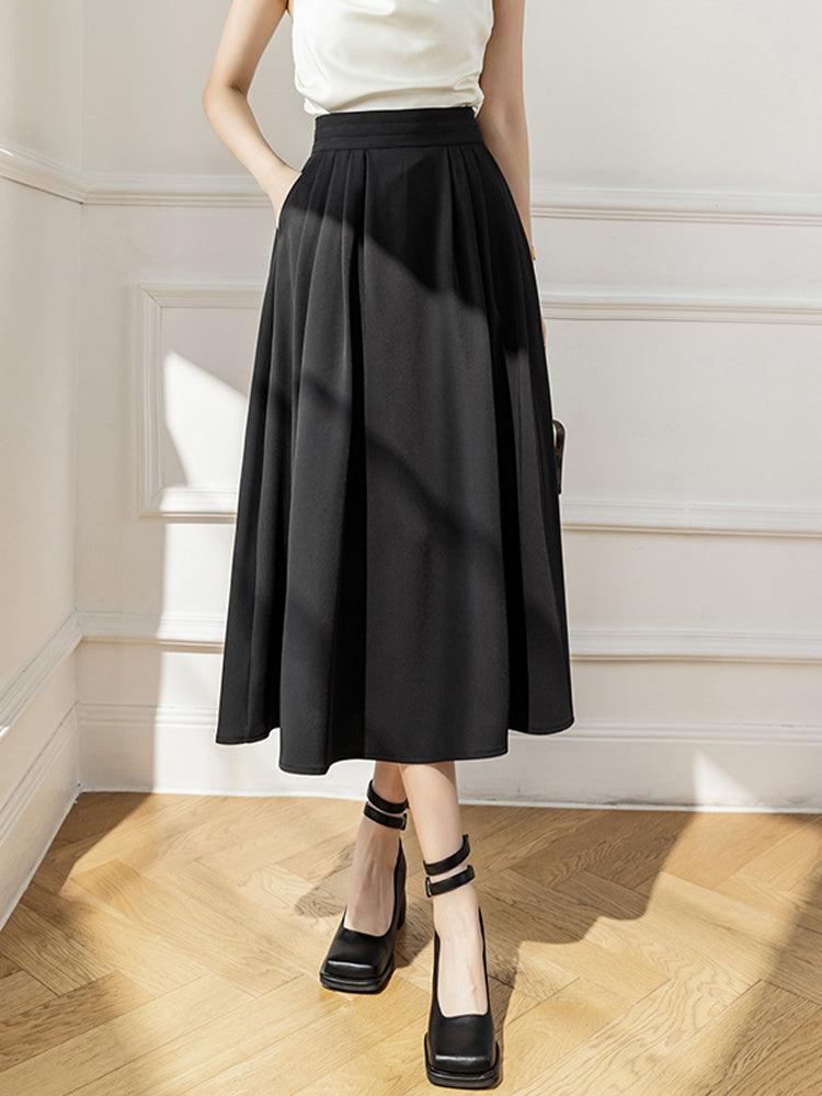 Chic High-Waist Midi A-Line Skirt in Khaki and Black – Sleek and Versatile - Glinyt