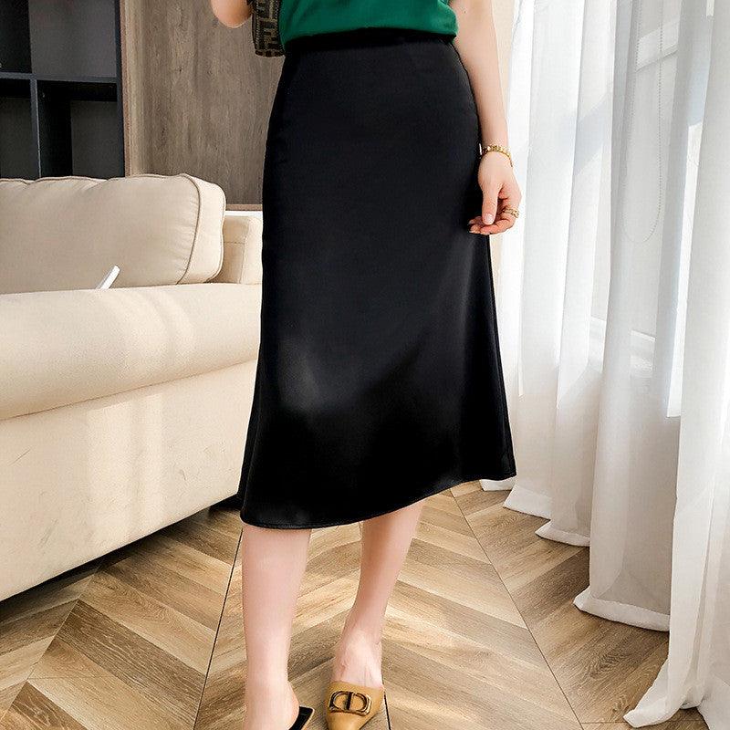 Chic Satin A-Line Everyday Elegance Mermaid Skirt – Mid-Length with Simple Flair - Glinyt