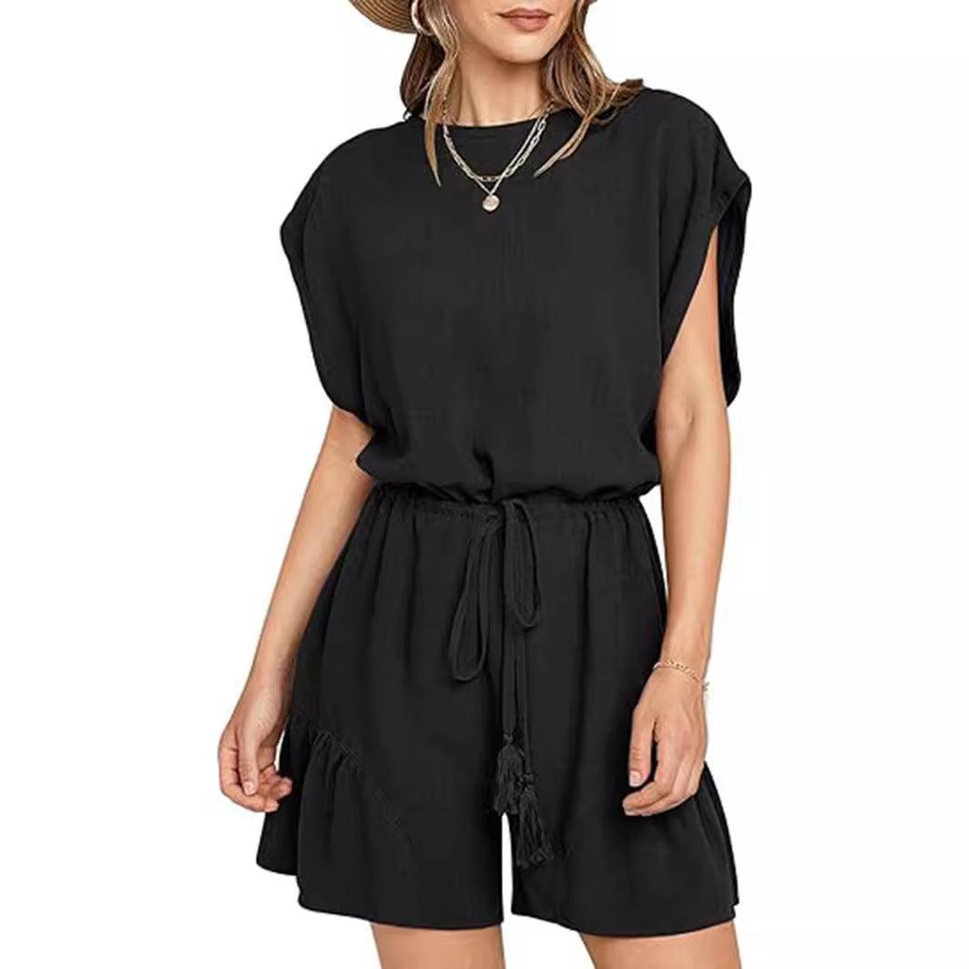 Cotton and Linen Loose Waist Short Sleeve Jumpsuit - Glinyt