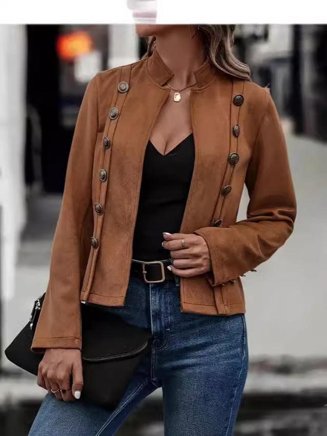 Cropped Blazer - Suede, Retro Double-Breasted Jacket - Glinyt