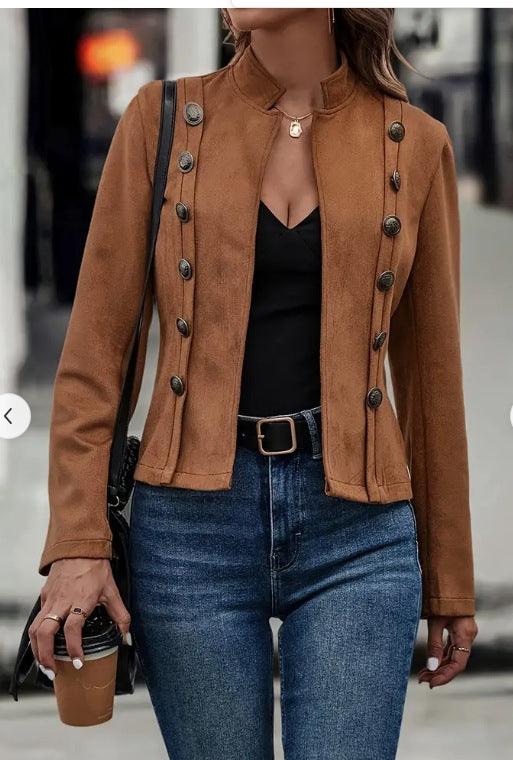 Cropped Blazer - Suede, Retro Double-Breasted Jacket - Glinyt