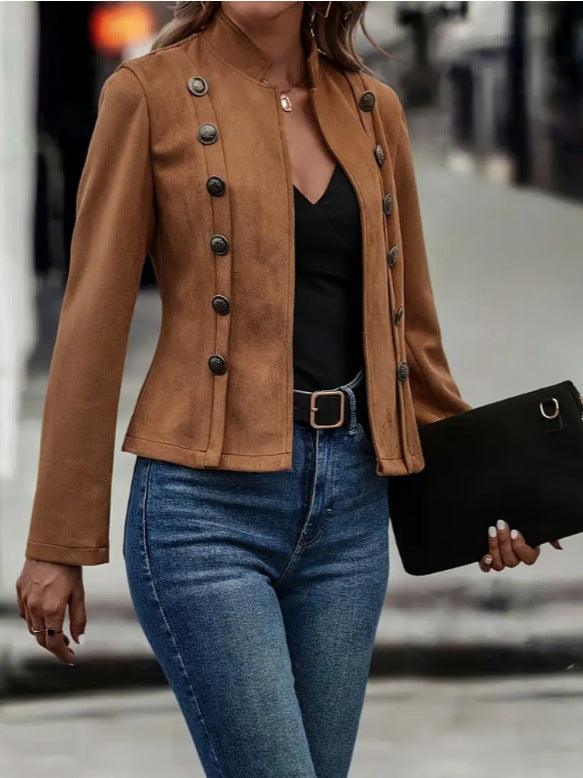 Cropped Blazer - Suede, Retro Double-Breasted Jacket - Glinyt