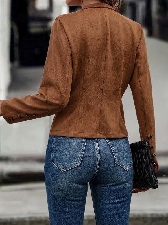 Cropped Blazer - Suede, Retro Double-Breasted Jacket - Glinyt