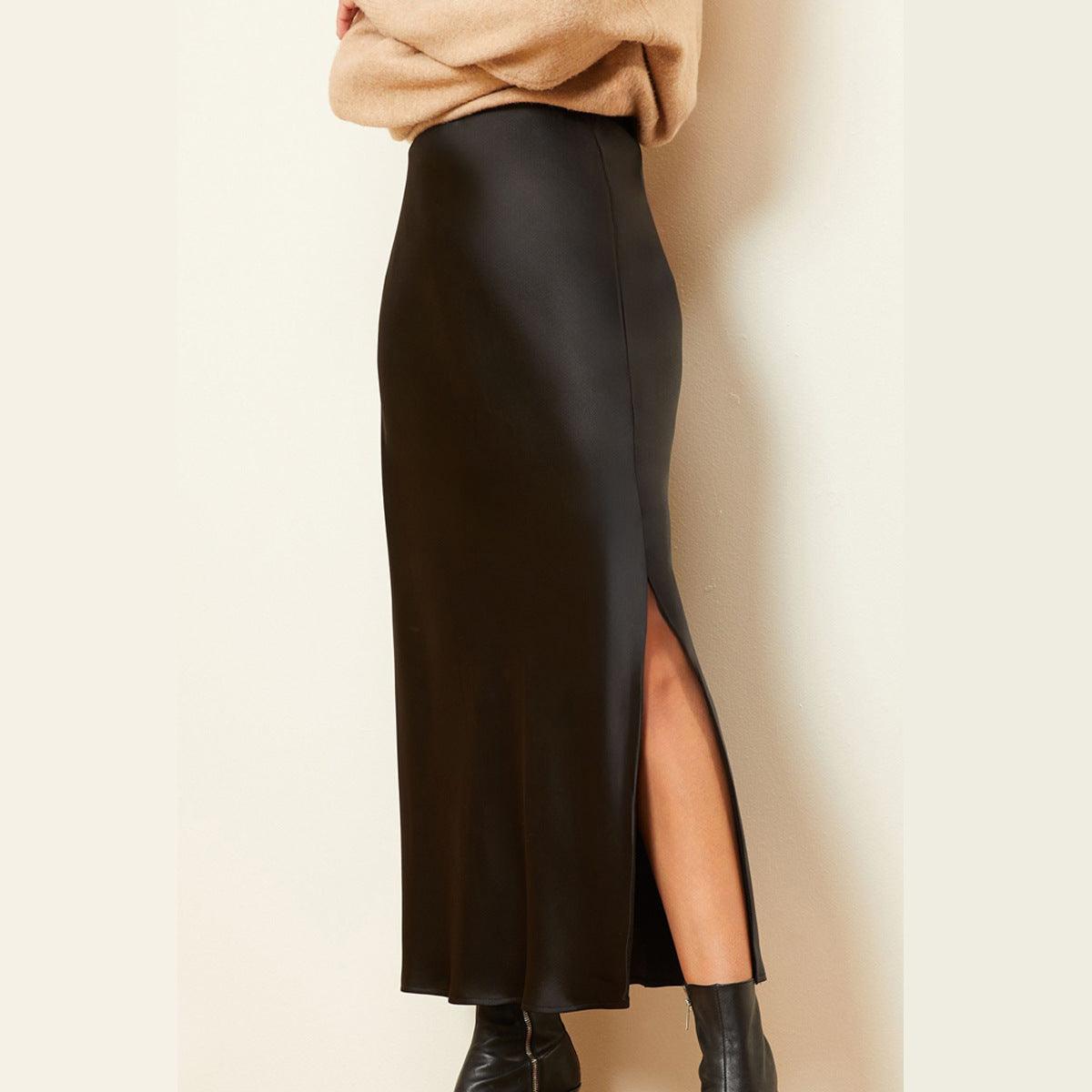Elegant High-Waist Slit Skirt for Women – Chic Mid-Length with Oblique Cut - Glinyt