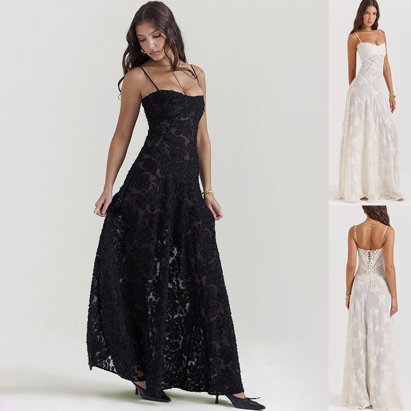 Fashion Suspender Lace Long Dress Summer Strapless Collar Elegant Evening Dresses For Women - Glinyt