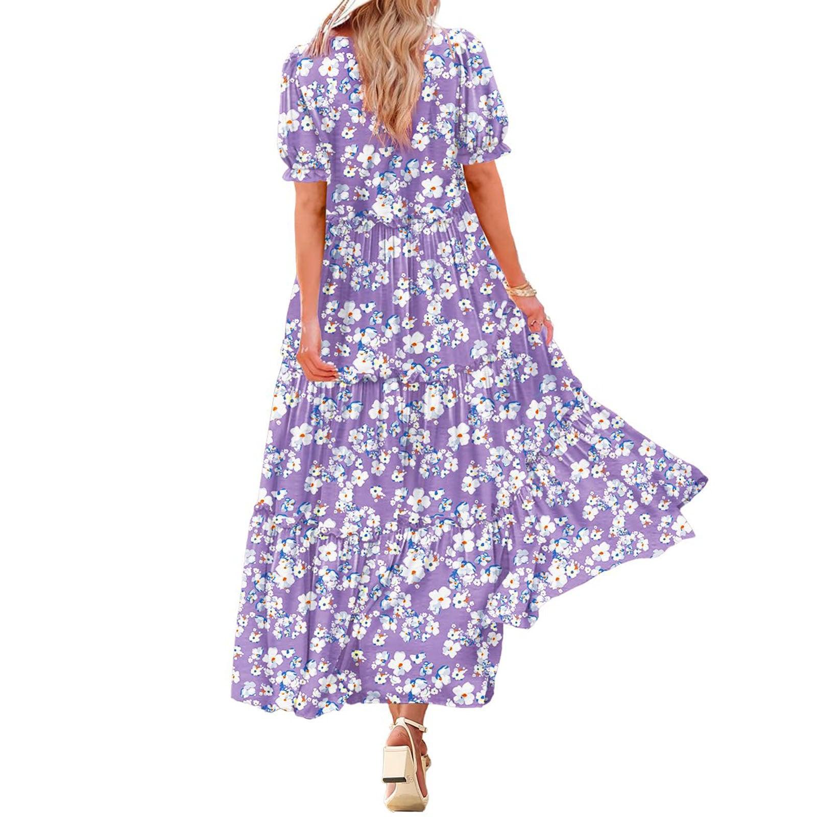 Puff Sleeve Fashion Floral Slimming Long Pleated Print Dress - Glinyt