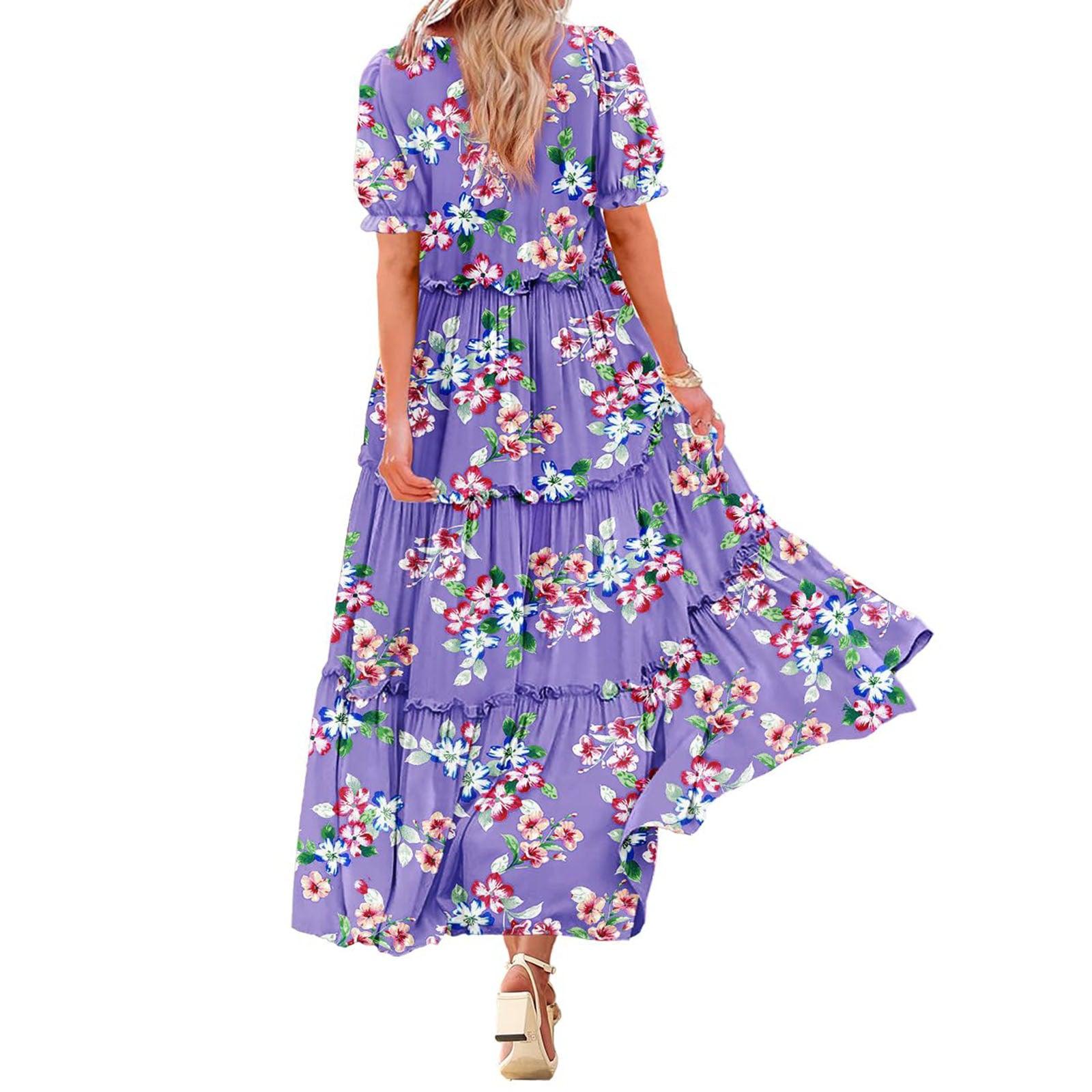 Puff Sleeve Fashion Floral Slimming Long Pleated Print Dress - Glinyt