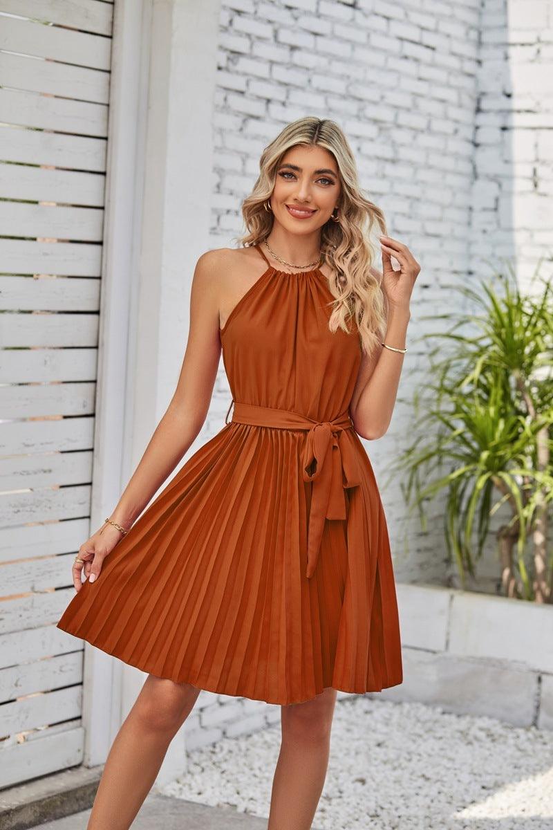 Halter Strapless Dress with Solid Pleated Skirt - Glinyt