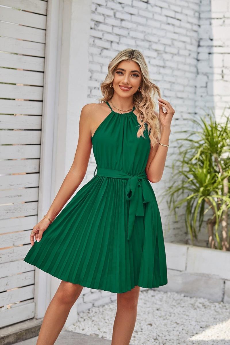 Halter Strapless Dress with Solid Pleated Skirt - Glinyt