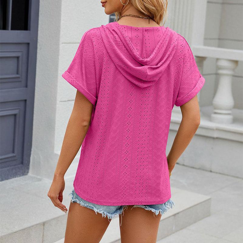 Hooded Button T-Shirt with Hollow Design Short Sleeve - Glinyt