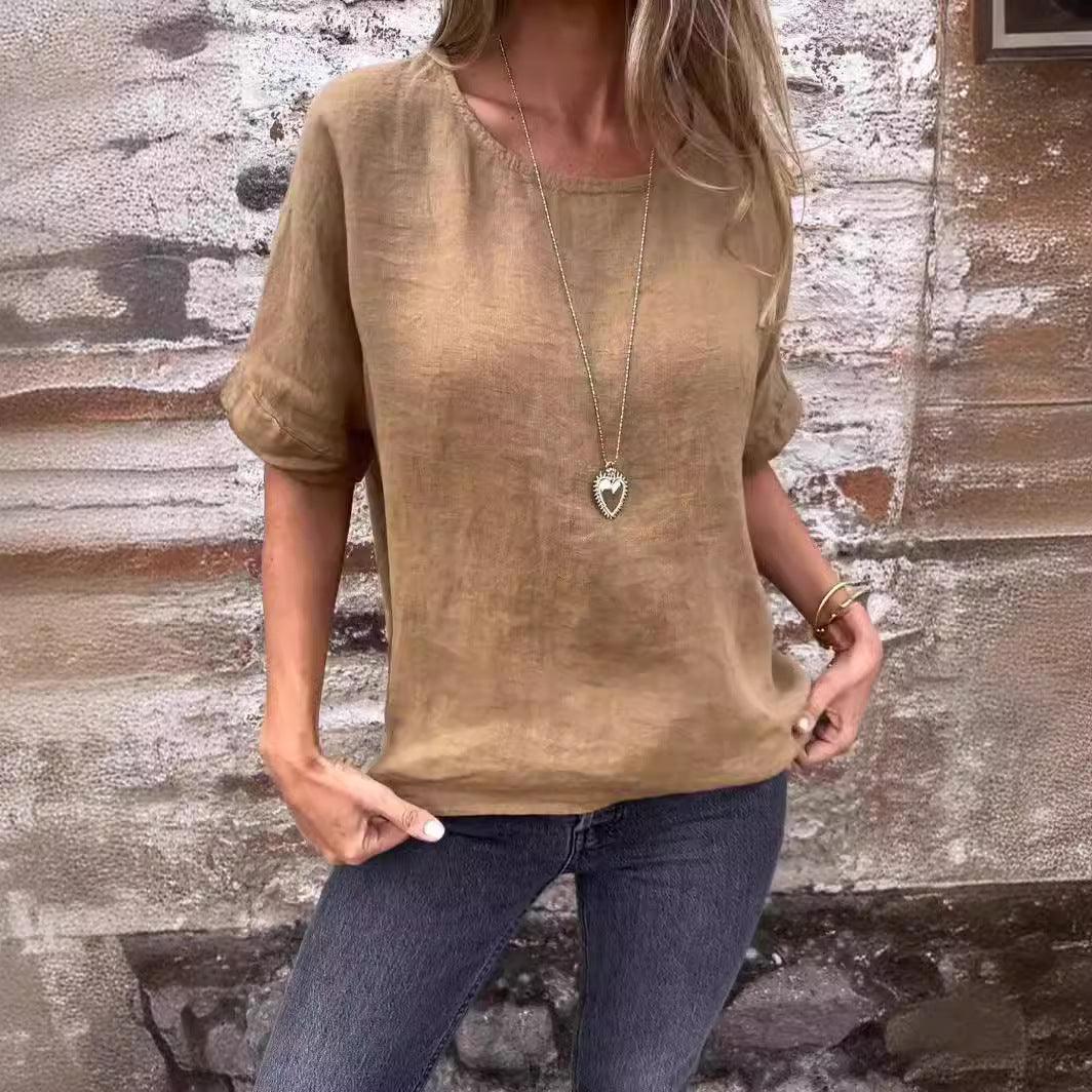 Long Sleeve Cotton and Linen Loose-Fitting T-Shirt Top - Glinyt