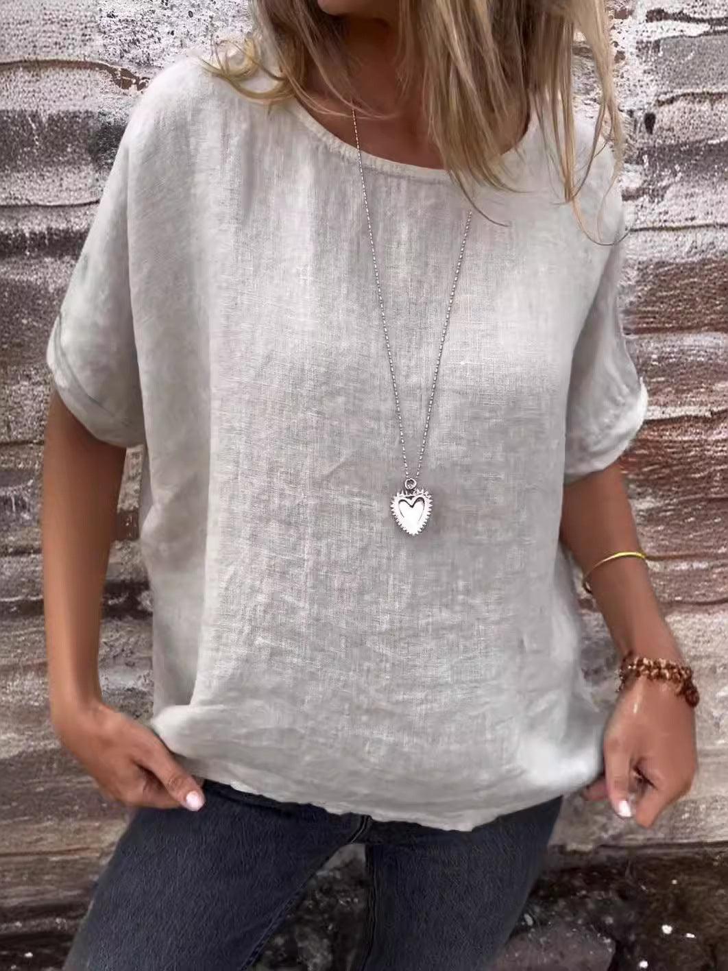 Long Sleeve Cotton and Linen Loose-Fitting T-Shirt Top - Glinyt