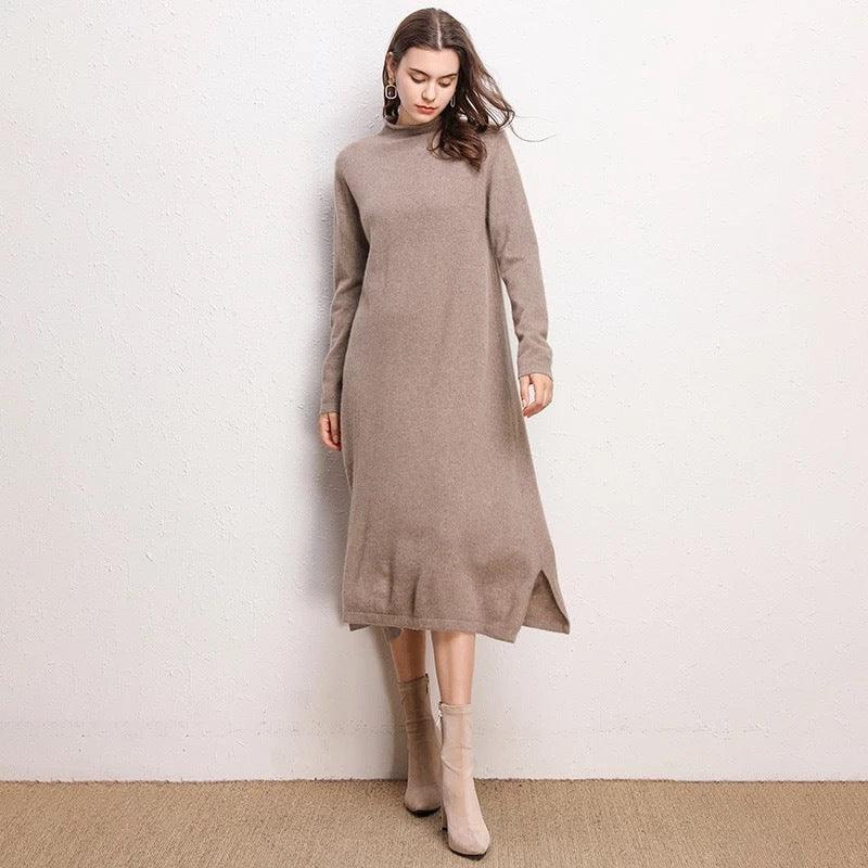 New Dress Ladies Pure Color Knitted Dress - Glinyt