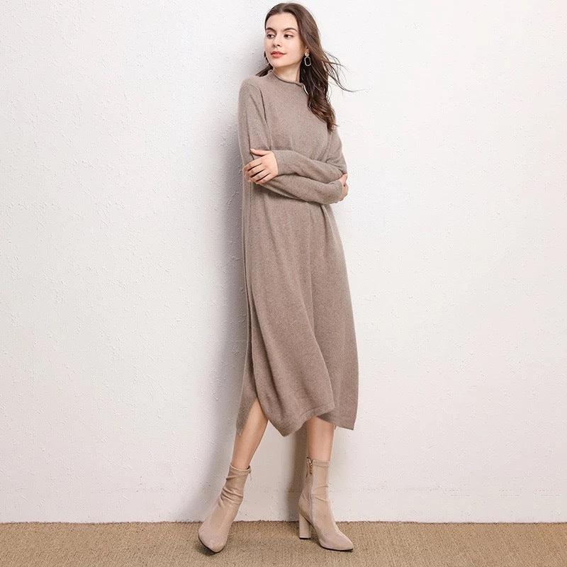 New Dress Ladies Pure Color Knitted Dress - Glinyt