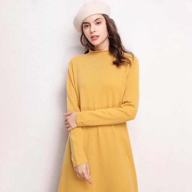 New Dress Ladies Pure Color Knitted Dress - Glinyt