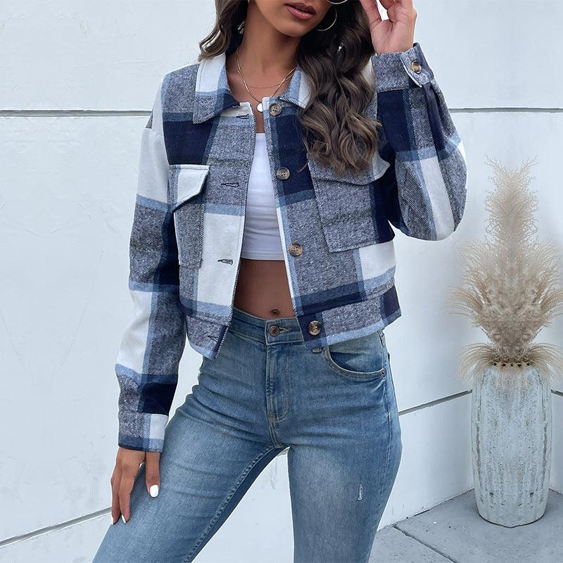 Plaid Lapel Cropped Jacket With Pockets Fashion Button Long Sleeve Short Outwear Tops Coat For Womens Clothing - Glinyt