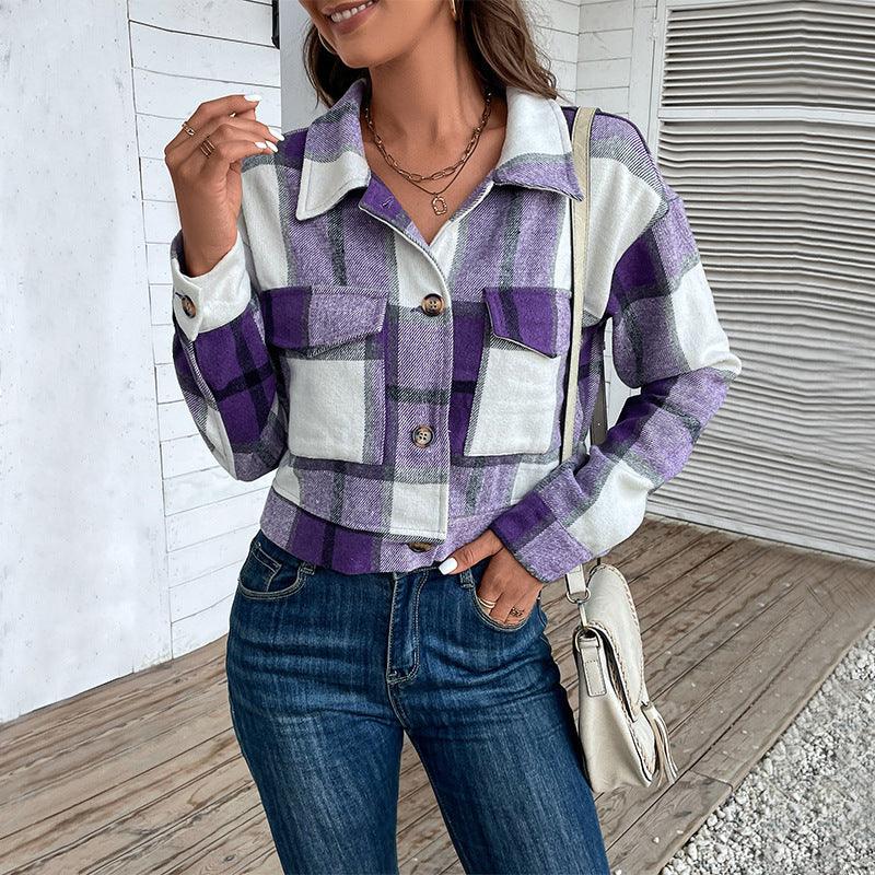 Plaid Lapel Cropped Jacket With Pockets Fashion Button Long Sleeve Short Outwear Tops Coat For Womens Clothing - Glinyt