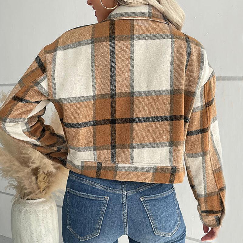 Plaid Lapel Cropped Jacket With Pockets Fashion Button Long Sleeve Short Outwear Tops Coat For Womens Clothing - Glinyt