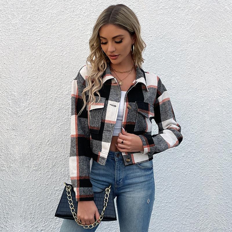 Plaid Lapel Cropped Jacket With Pockets Fashion Button Long Sleeve Short Outwear Tops Coat For Womens Clothing - Glinyt