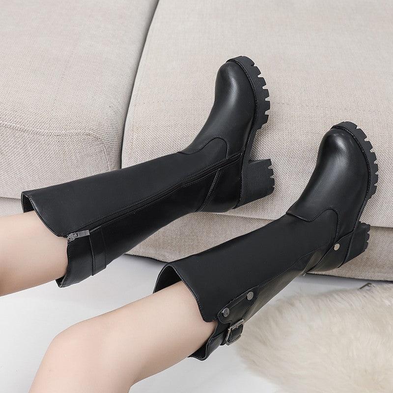Retro round toe mid-heel thick heel warm boots - Glinyt