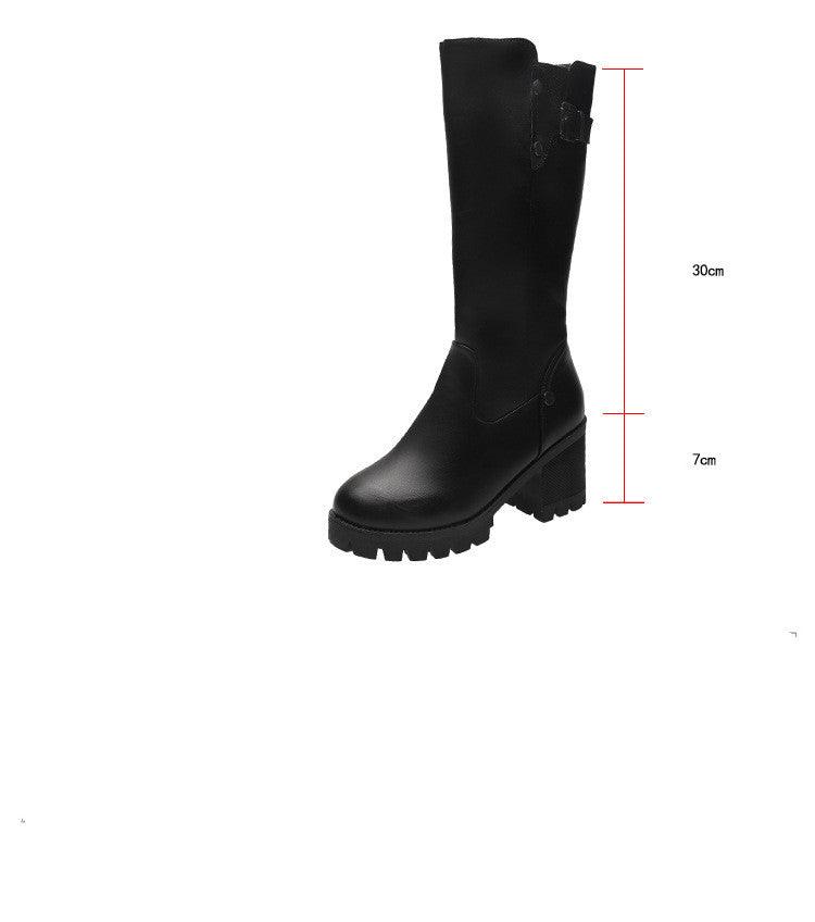 Retro round toe mid-heel thick heel warm boots - Glinyt