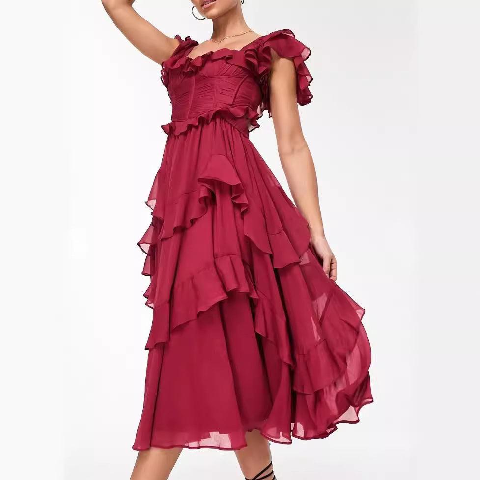 Ruffled Backless Square Neck Dress - Glinyt
