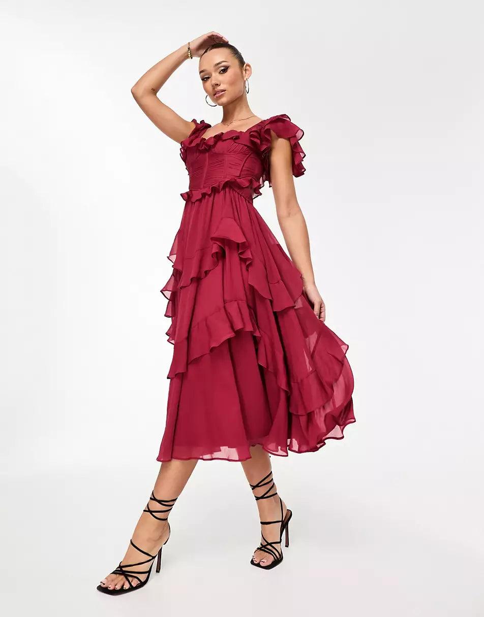 Ruffled Backless Square Neck Dress - Glinyt