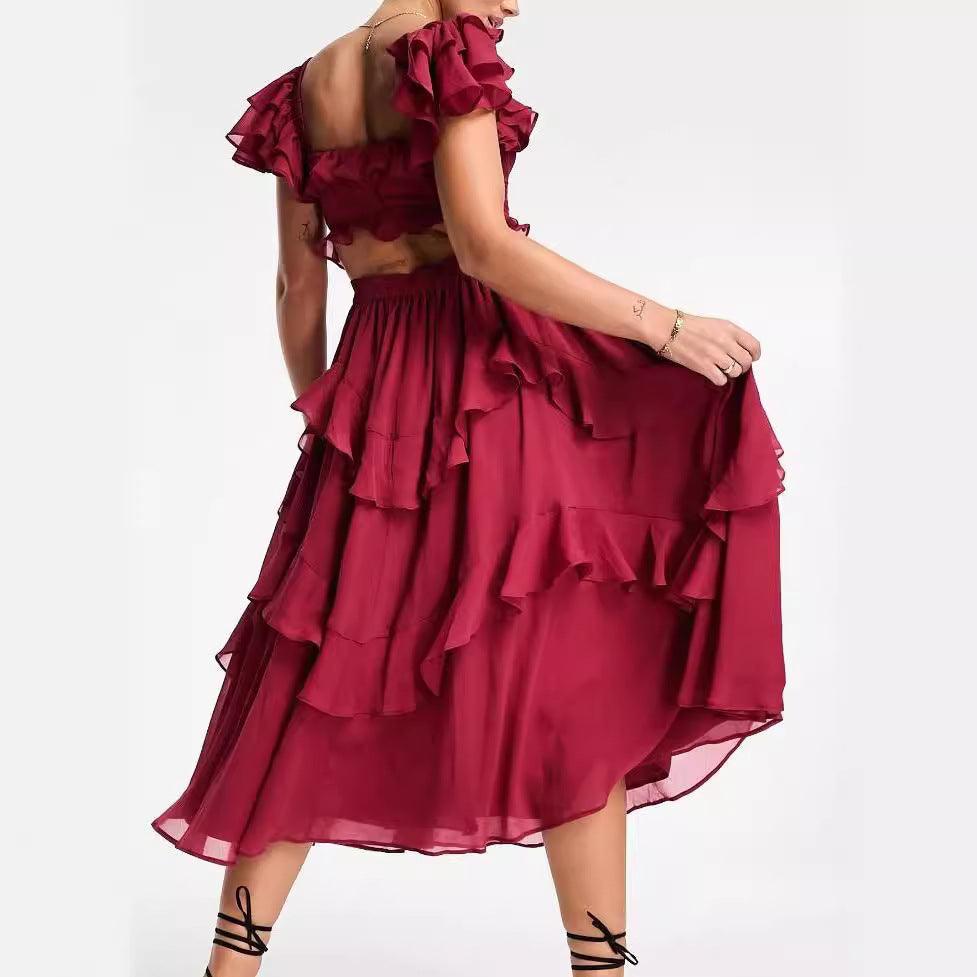 Ruffled Backless Square Neck Dress - Glinyt