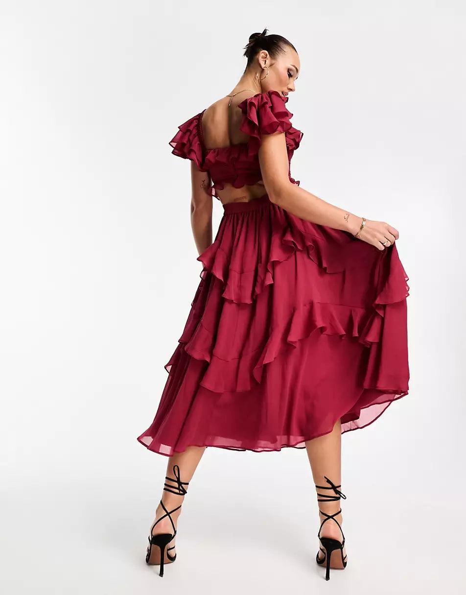 Ruffled Backless Square Neck Dress - Glinyt