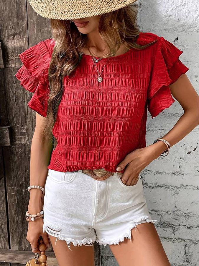 Ruffled Short-Sleeve Round Neck Pleated Design Top - Glinyt