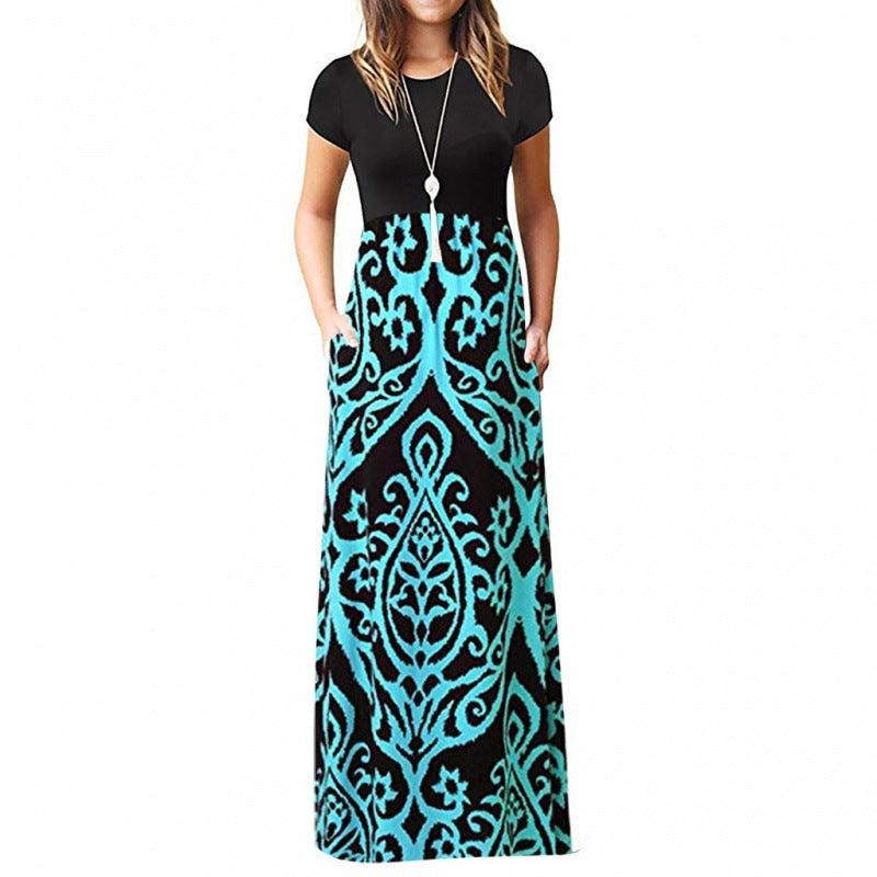 Short Sleeve Printed Long Dress - Glinyt