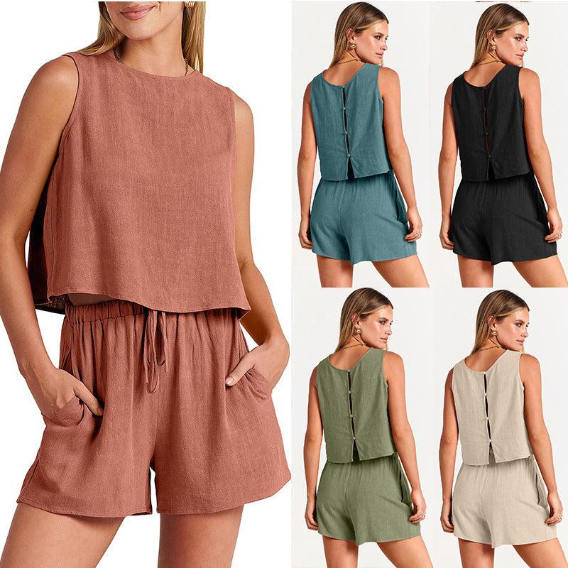 Sleeveless Top and Drawstring Shorts Summer Fashion Suit - Glinyt