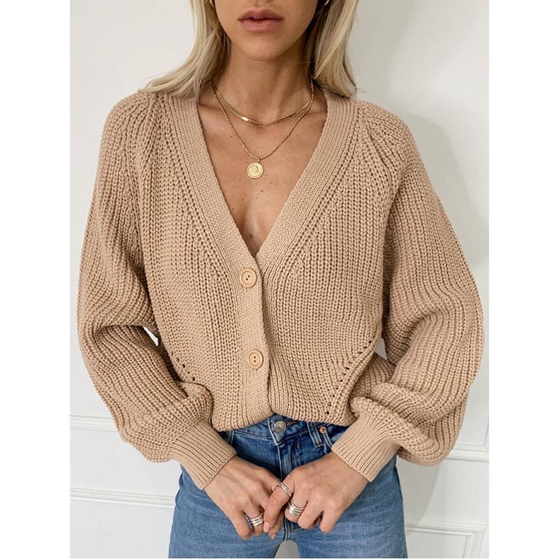 Solid color v-neck lantern sleeve cardigan - Glinyt