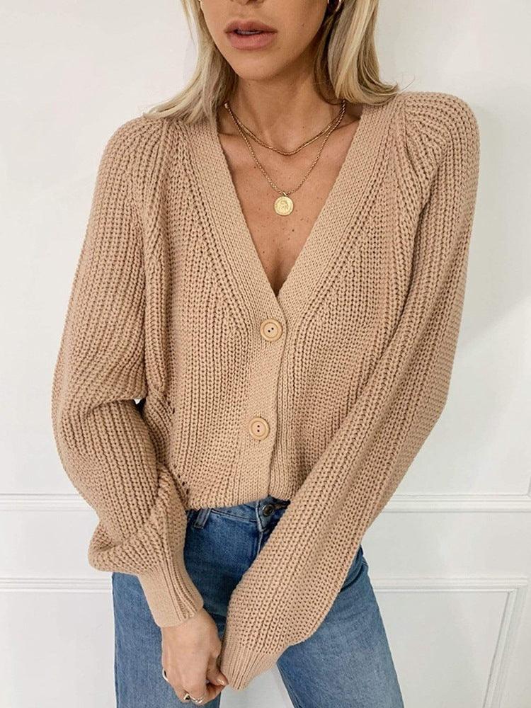 Solid color v-neck lantern sleeve cardigan - Glinyt