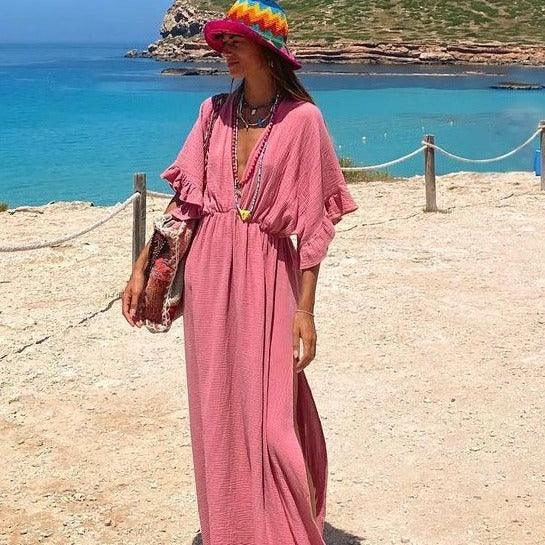 Solid Colour Beach Cover Up Dress - Glinyt