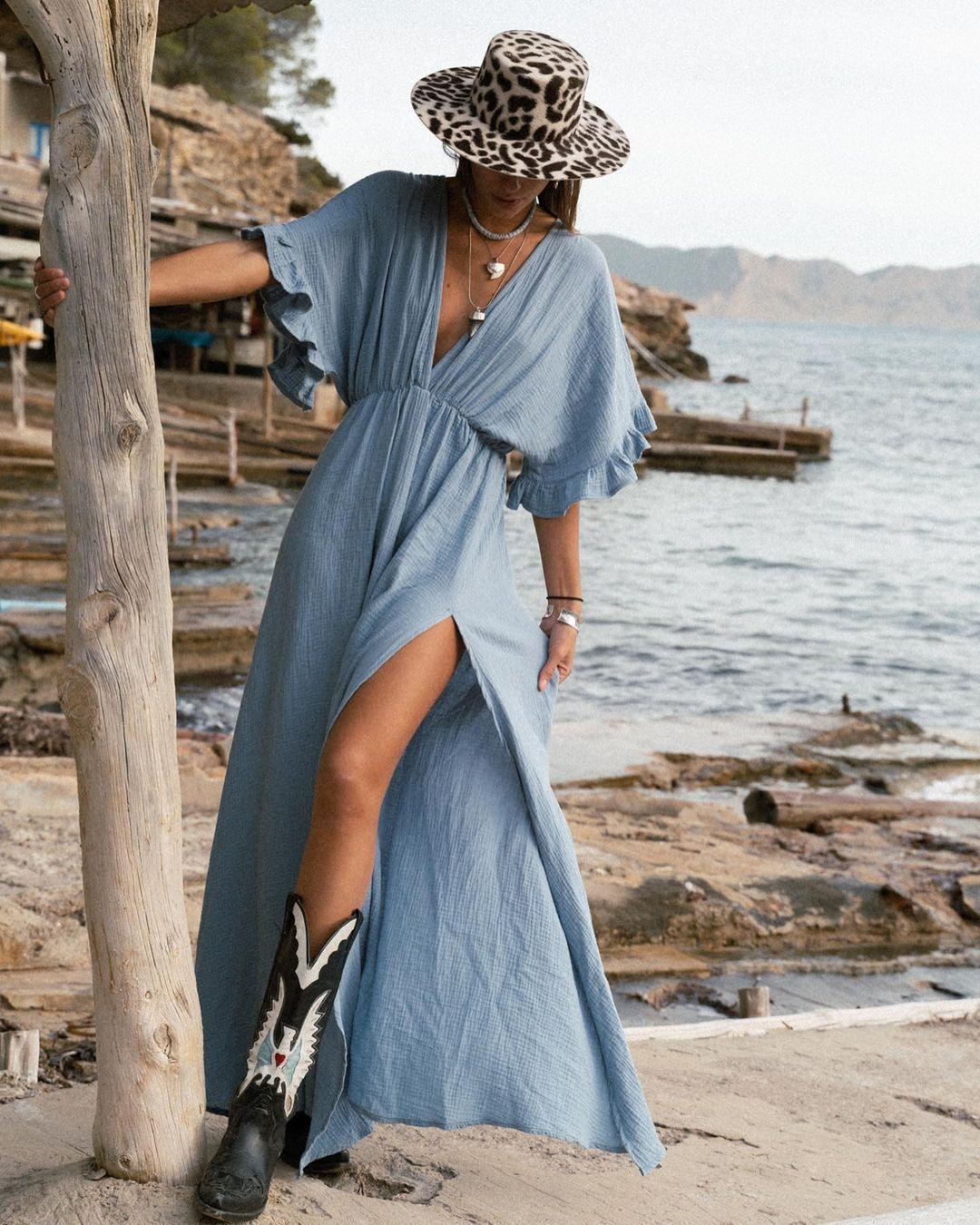 Solid Colour Beach Cover Up Dress - Glinyt