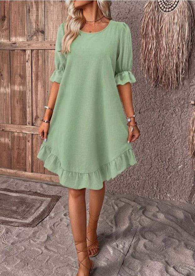 Solid Colour Ruffle Short Sleeve Dress - Glinyt