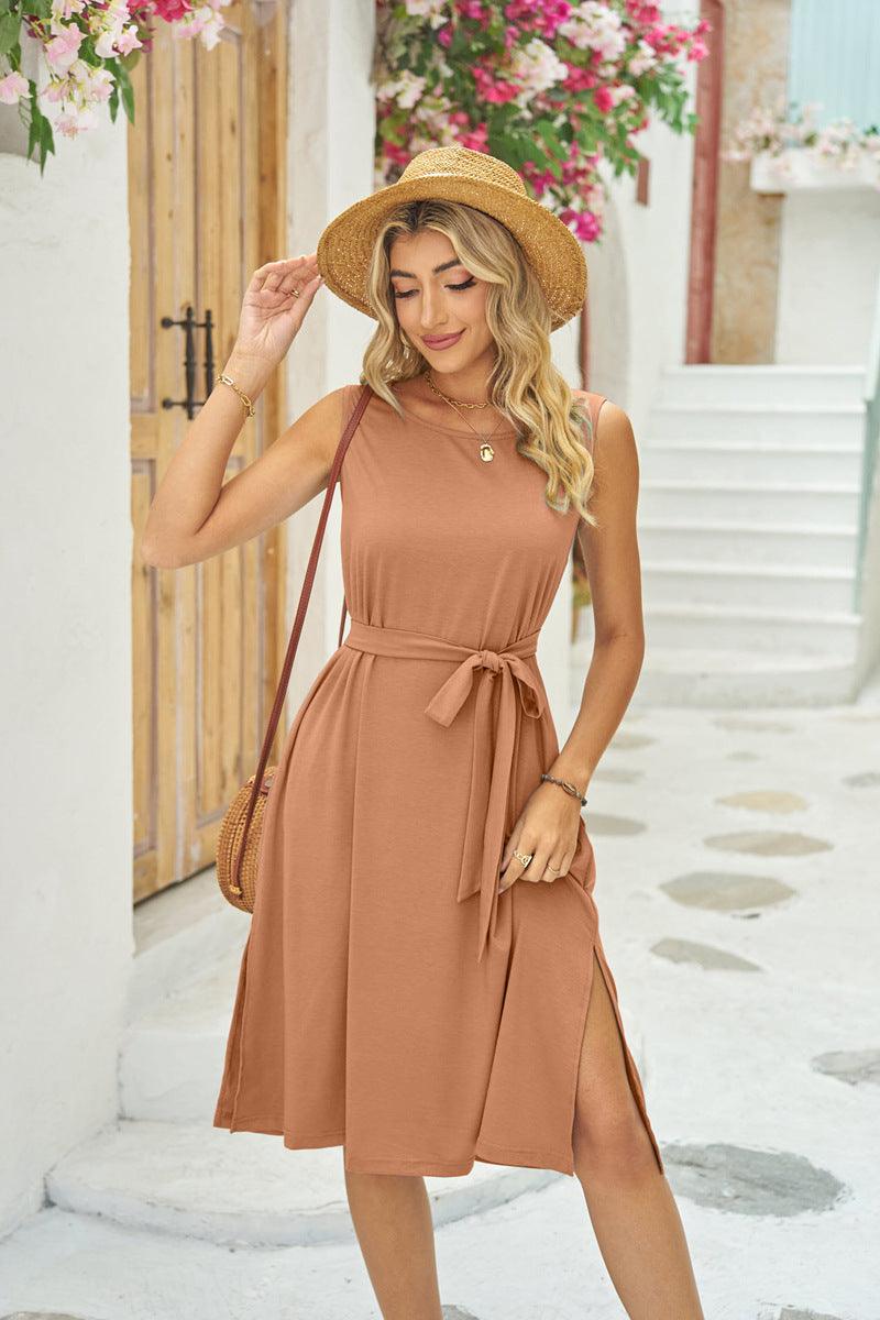 Trendy Summer Sleeveless Lace-Up Dress with Pockets - Glinyt