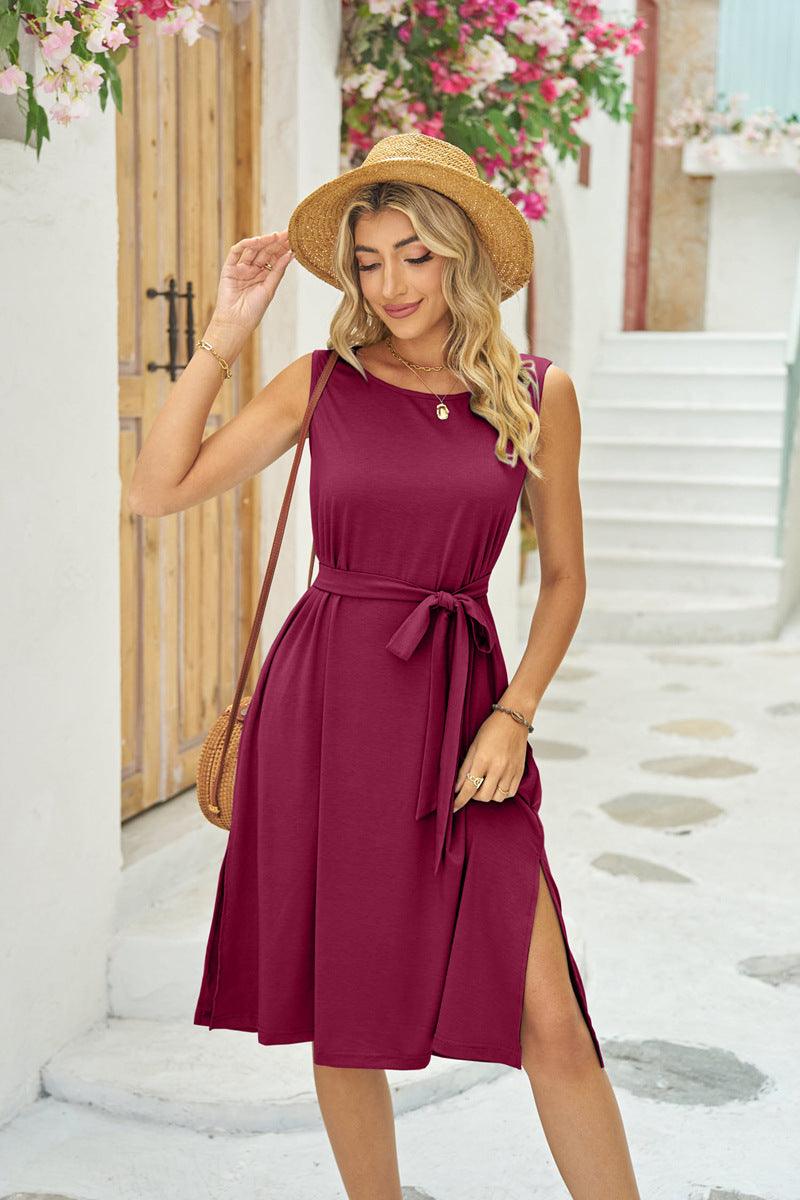 Trendy Summer Sleeveless Lace-Up Dress with Pockets - Glinyt