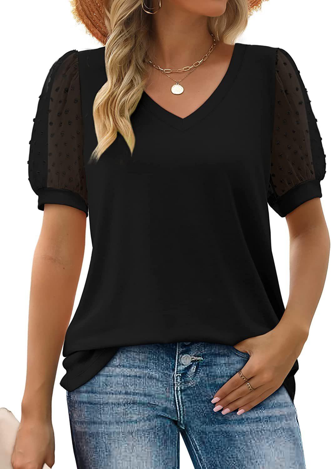 V Neck Dot Puff Sleeve Loose Casual T-Shirt for Women - Glinyt