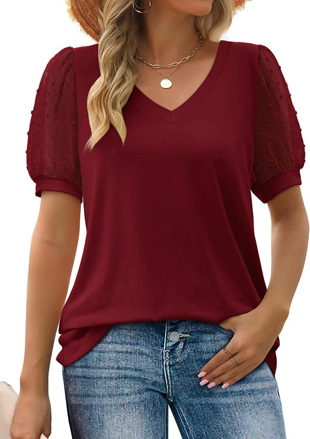 V Neck Dot Puff Sleeve Loose Casual T-Shirt for Women - Glinyt