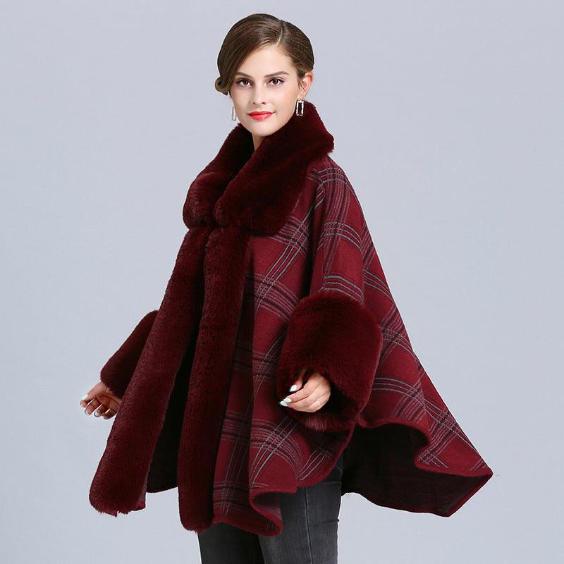 Winter Plaid Poncho with Faux Fox Fur Trim - Glinyt