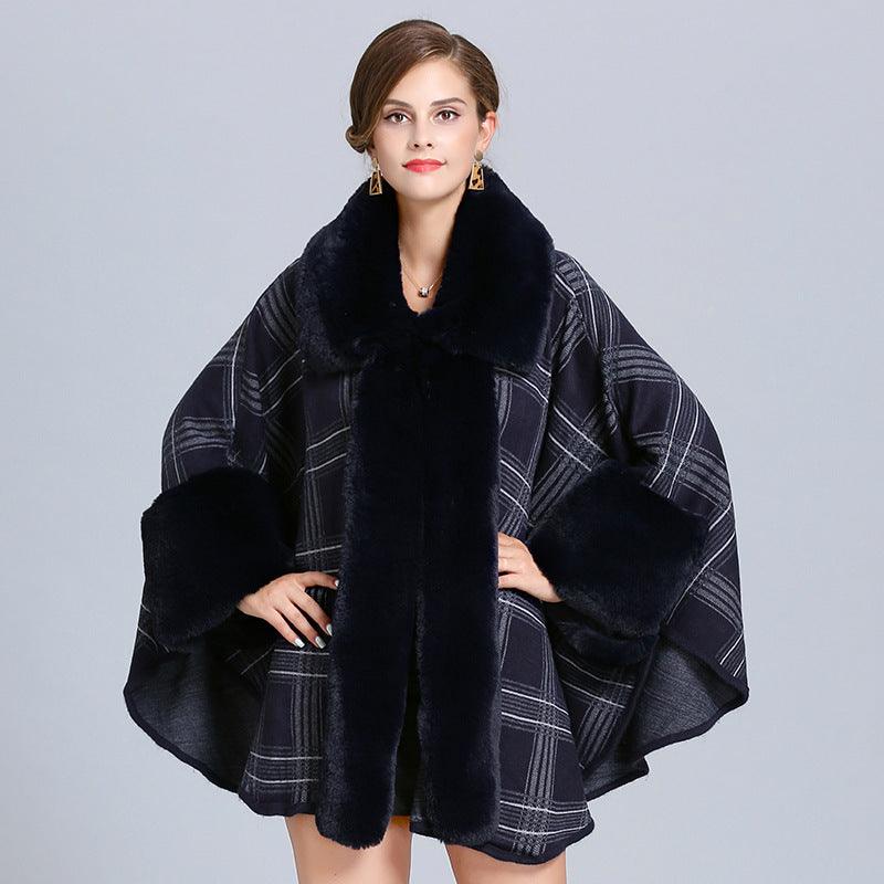 Winter Plaid Poncho with Faux Fox Fur Trim - Glinyt