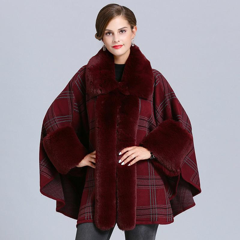 Winter Plaid Poncho with Faux Fox Fur Trim - Glinyt