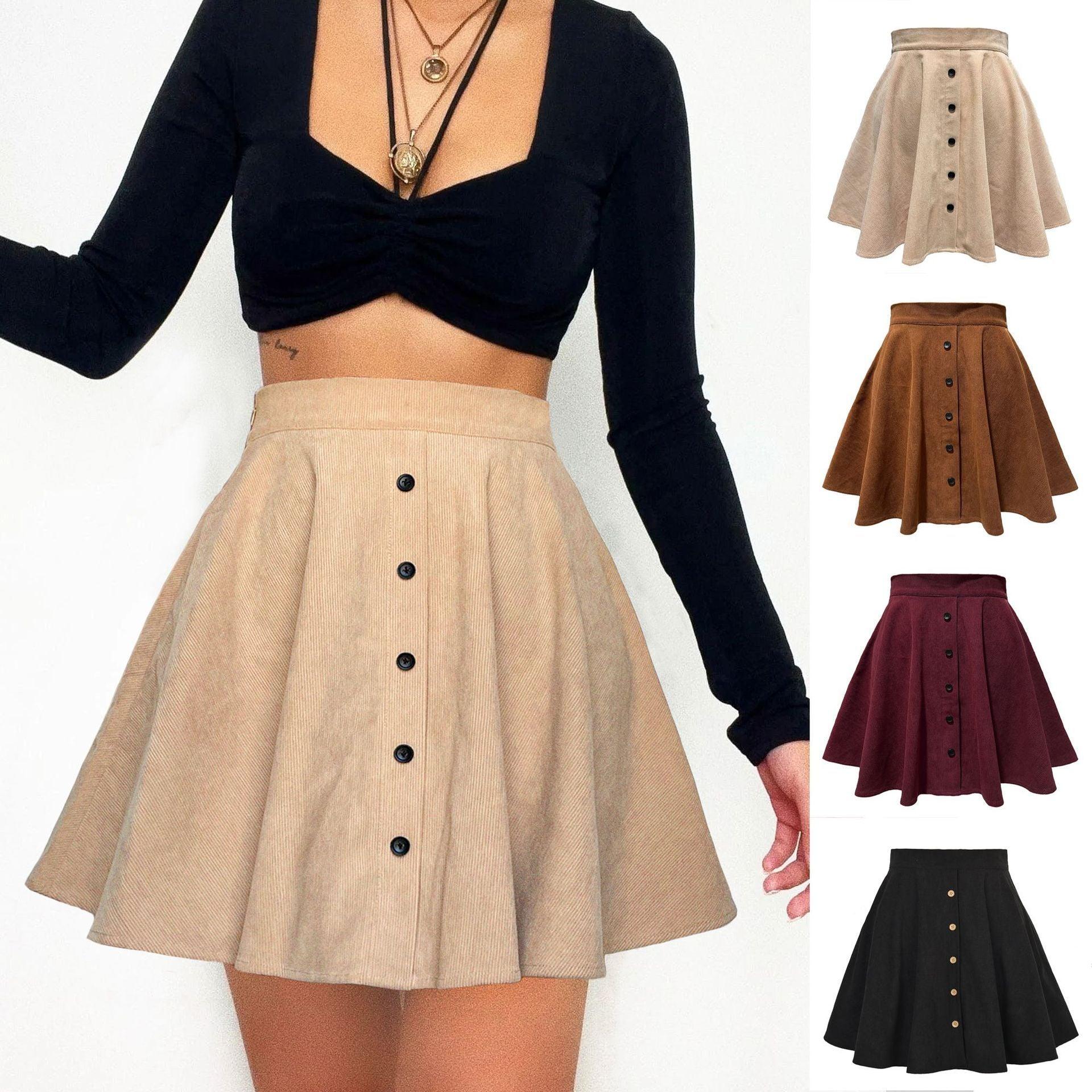 Women's Solid Color Corduroy Skirt – Autumn and Winter Essential with Button Detail - Glinyt